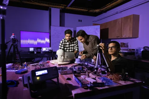 Nirupam Roy's research group working in his lab at the Brendan Iribe Center for Computer Science and Engineering.