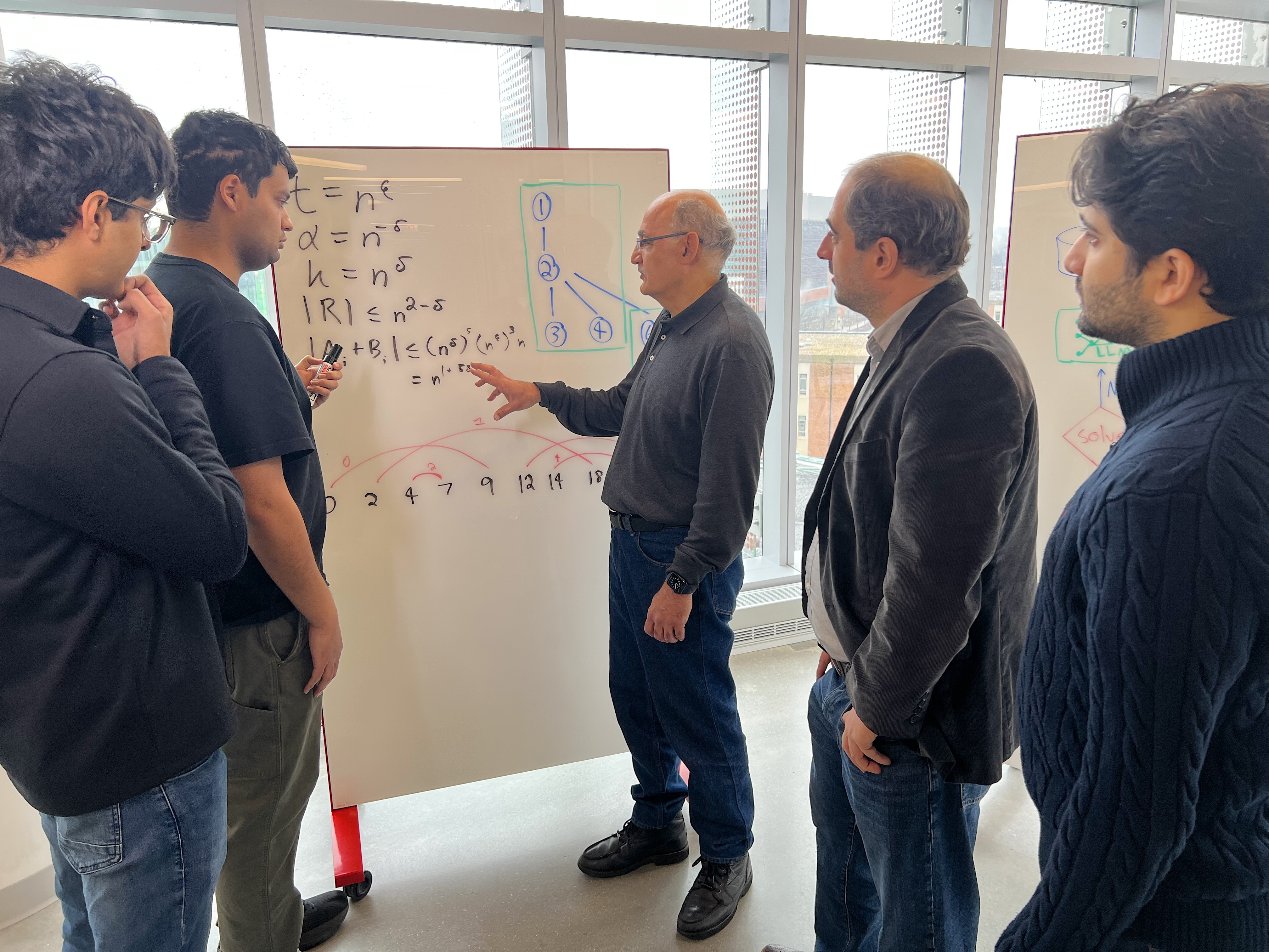 A group of researchers discussion equations, gathered around a whiteboard