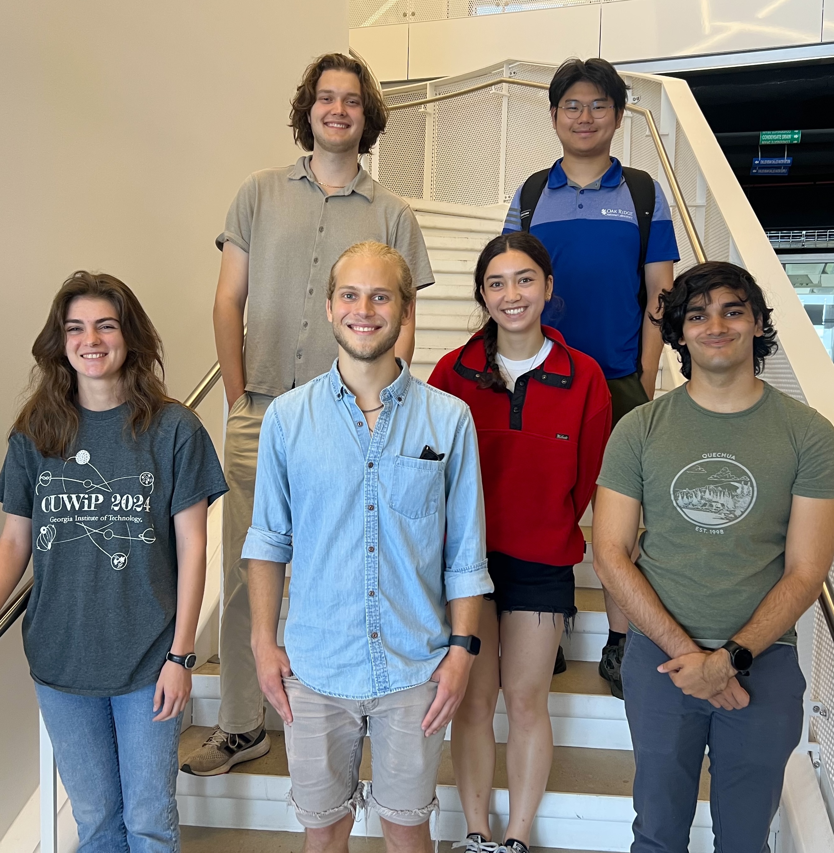 (Clockwise from top left), Hubert Pugzlys, Letian Tang, Mihir Talati, Cassie Hopkin, Jarrett Nelson and Adriana Frick are part of a group of eight undergraduates collaborating with faculty and graduate students from the Institute for Robust Quantum Simulation. Not pictured: Aarav Pabla and Adhyantha Chandrasekaran.
