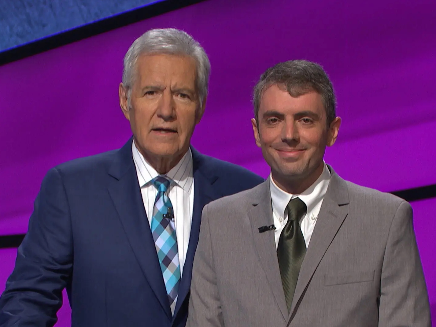 Boyd-Graber—a self-described “trivia nerd”—is shown here with the late Alex Trebek, host of “Jeopardy!” Boyd-Graber competed on the show in 2018.
