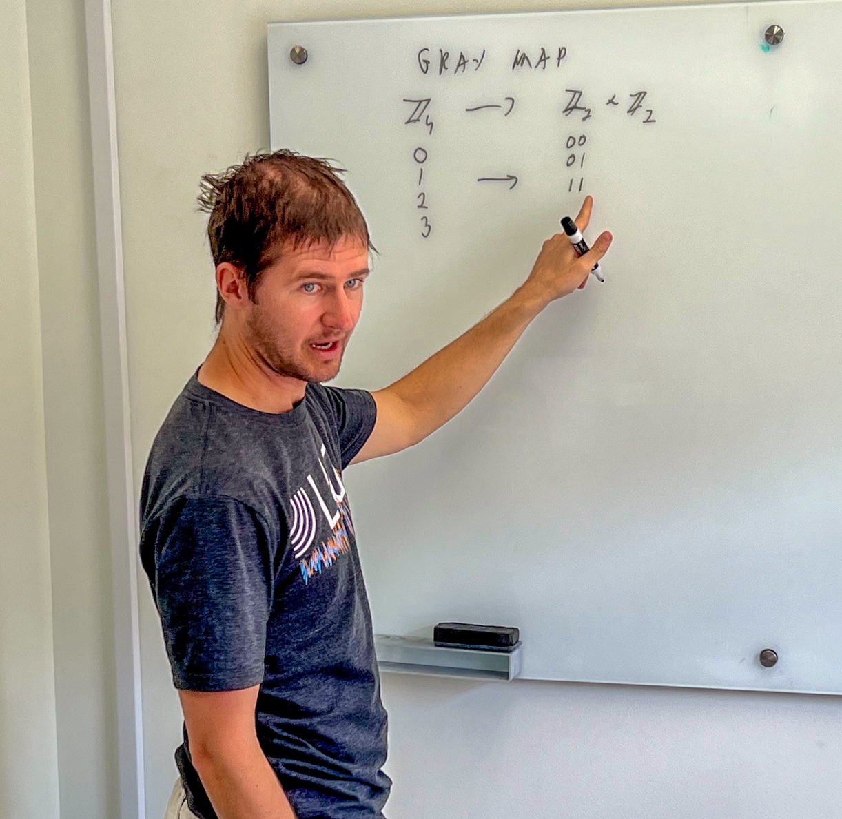 Albert pointing at a whiteboard containing information on gray maps.