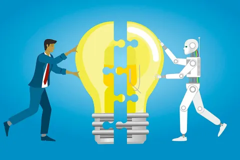 A cartoon of a man and a robot each pushing together halves of a lightbulb as if they were jigsaw puzzle pieces.