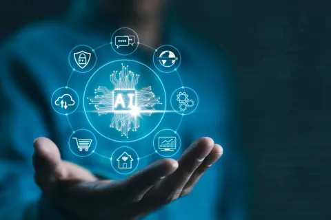black hand holding AI hologram