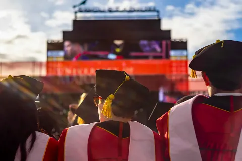 Three students in graduation gowns and caps facing away from camera