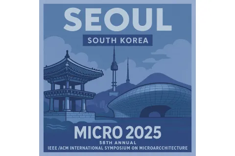 MICRO 2025 poster in shades of blue showing buildings in Seoul, South Korea. 