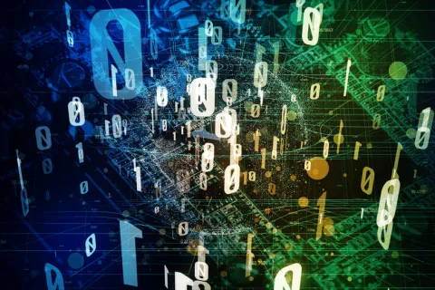 Illustration for quantum computing shows zeroes and ones hovering in space with background of electronic networking diagrams. 
