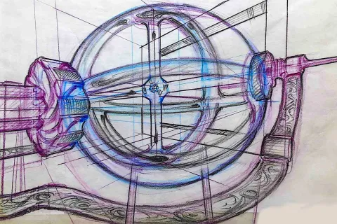 A concept sketch in pencil of a large quantum thermodynamics machine. 