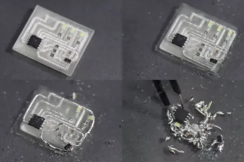 Four images show a small 3D-printed circuit board dissolving in water.