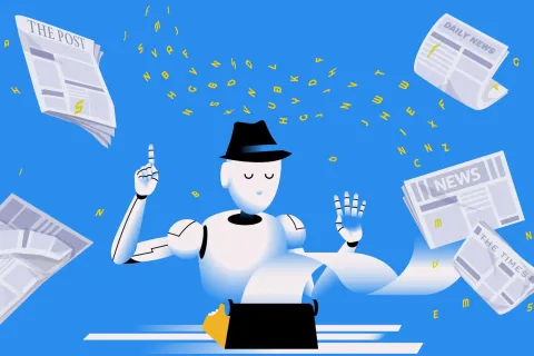 A robot sits at a typewriter with newspapers surrounding it.