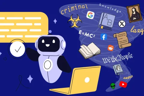 A robot hovers above a laptop next to a tornado shape with images such as the Mona Lisa, text such as "We the People," icons for Facebook and Google, and more.