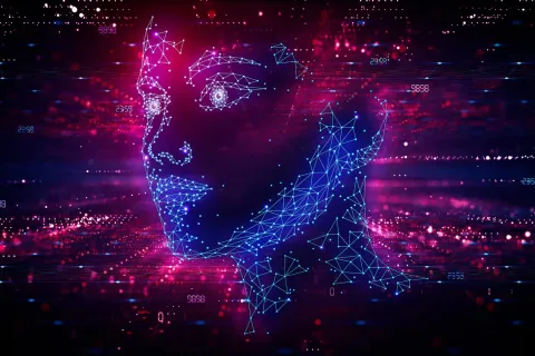 A stylized, digital illustration of a human face formed from glowing blue and pink lines and dots, floating against a dark, futuristic background filled with numbers, light streaks, and particle effects
