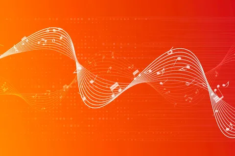 Lines of musical notes twist across an orange gradient background