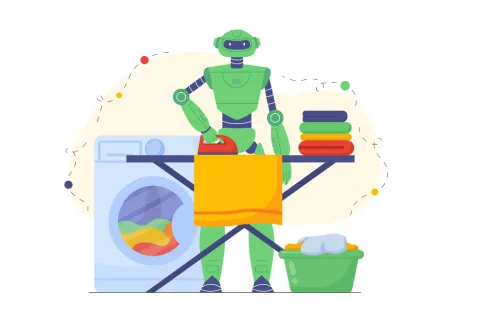 Graphic illustration of a robot ironing clothes and doing laundry