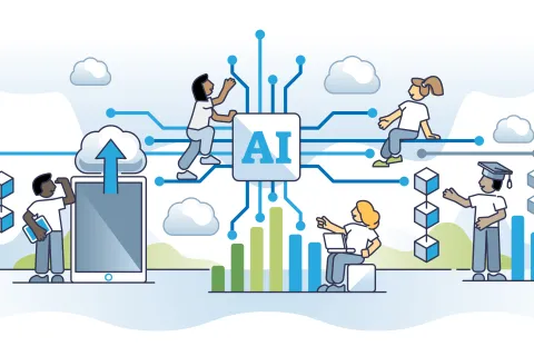 An illustration depicting five diverse individuals interacting with an AI central graphic. They are positioned around various elements like a smartphone, clouds, and data blocks, symbolizing technology and communication.