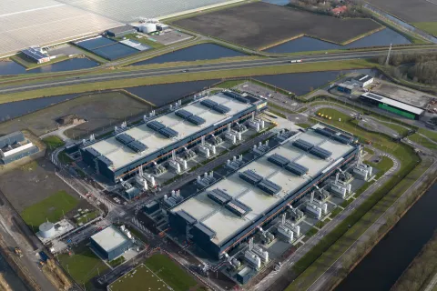 aerial view of data center near water