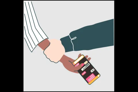 An illustration of one person firmly grasping another person's wrist, while the person being held grips a smartphone displaying a messaging app with a "HELP" message written.