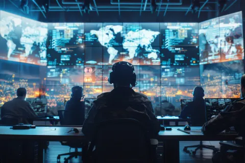  An illustration of personnel in a dimly lit command center monitoring a large wall of digital screens displaying world maps and complex data.