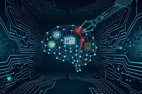 A futuristic digital illustration of a glowing network forming a human brain inside a circuit-lined tunnel. A robotic arm interacts with a red, highlighted section of the brain network, which contains icons representing copyright symbols, personal identification, and a restricted book.
