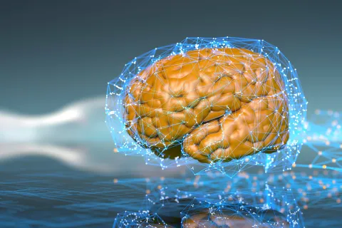 A golden-orange 3D human brain encased in a glowing blue digital lattice of nodes and lines, resting on a reflective circuit-patterned surface.