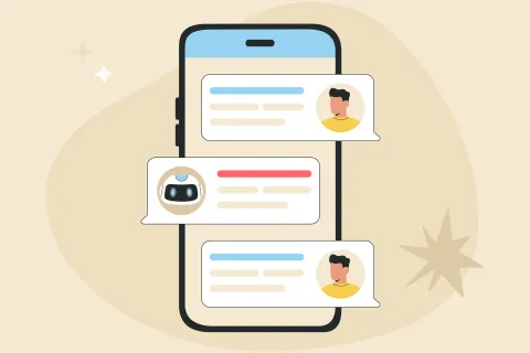  An illustration of a smartphone screen showing a text message conversation between a person and an AI chatbot.