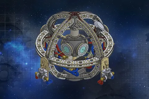 An intricate, circular steampunk engine with interlocking gears and glowing portals floating against a blue, starry cosmic background.