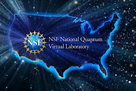 An image featuring a glowing blue map of the United States with the National Science Foundation logo and the text NSF National Quantum Virtual Laboratory set against a starry, deep-space background.