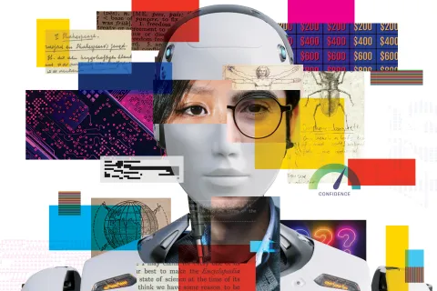 A white humanoid robot's face is centered in the image, overlaid and surrounded by a colorful digital collage of human features, text documents, a circuit board, a trivia game board, and various historical and scientific illustrations.