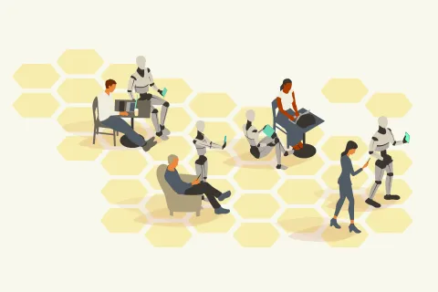 Men and women are paired with humanoid robots, illustrating the concept of AI assistants that help people perform various tasks.