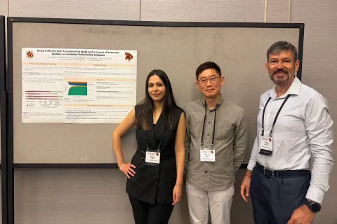 Simge Tekin (left), Yonghwi Kwon and Tudor Dumitraș present their research on cloud security vulnerabilities at the IEEE Symposium on Security and Privacy.