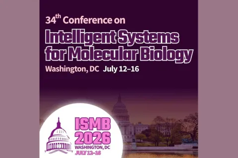 An event banner for the 34th Conference on Intelligent Systems for Molecular Biology (ISMB 2026), taking place in Washington, DC from July 12–16, featuring an illustration of the U.S. Capitol dome.