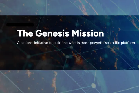 "The Genesis Mission - a national initiative to build the world's most powerful scientific platform" overlaid on technical earth satellite background