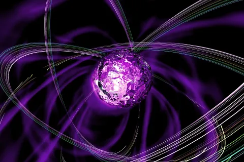 An abstract digital illustration featuring a glowing purple liquid-like sphere at the center, surrounded by sweeping, luminous light trails orbiting around it on a dark background.