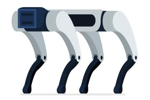 An illustration of a four-legged robotic dog with a light gray body and dark blue lower legs and sensor head.