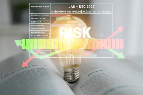 Light bulb glowing over an open book, layered with digital overlays of the word RISK, a risk mitigation timeline chart, and trending directional arrows.