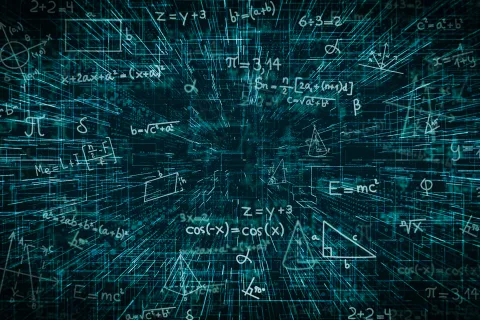 A futuristic, dark teal 3D grid perspective background filled with glowing white mathematical equations, geometric shapes, Greek letters, and formulas floating in a digital space.