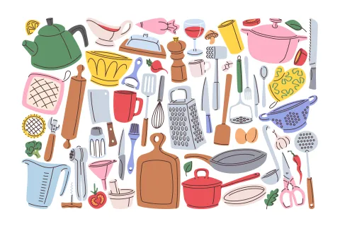 A colorful doodle illustration of various kitchen tools, cookware, and food prep items arranged across a white background.