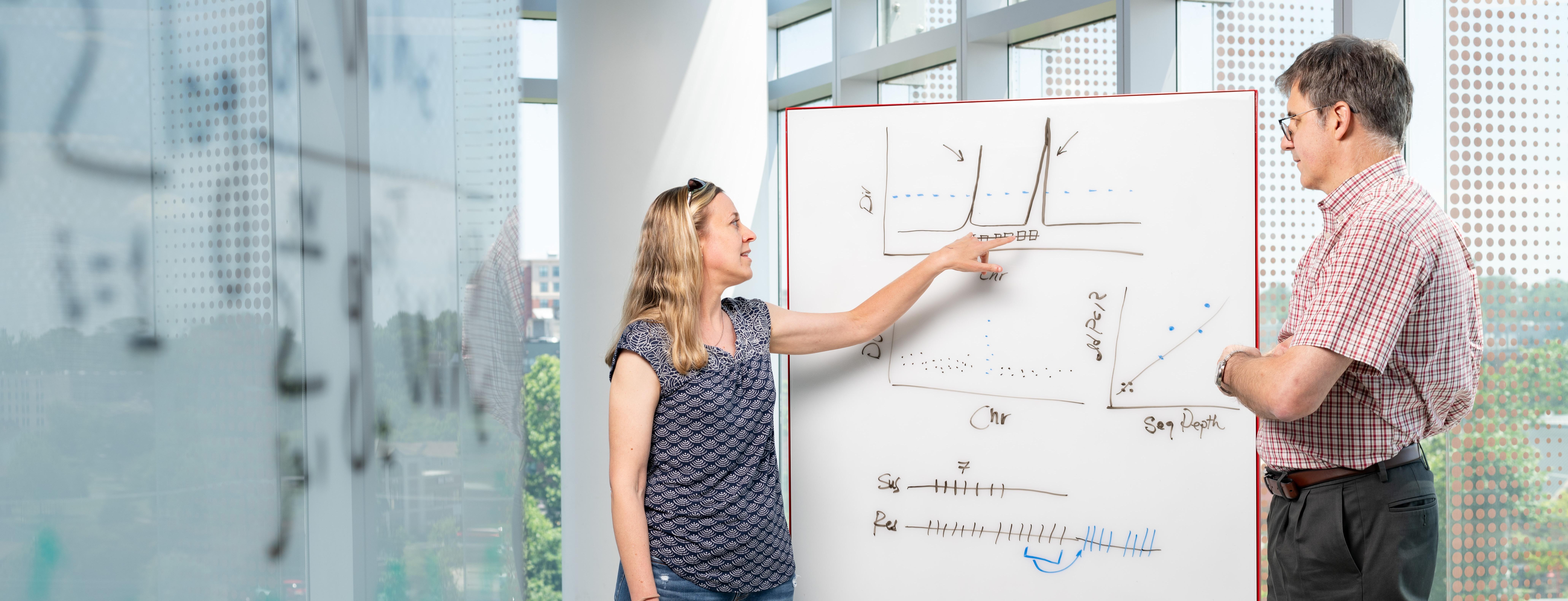 researchers talking at whiteboard