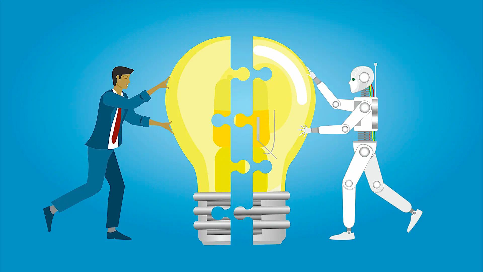 A cartoon of a man and a robot each pushing together halves of a lightbulb as if they were jigsaw puzzle pieces.
