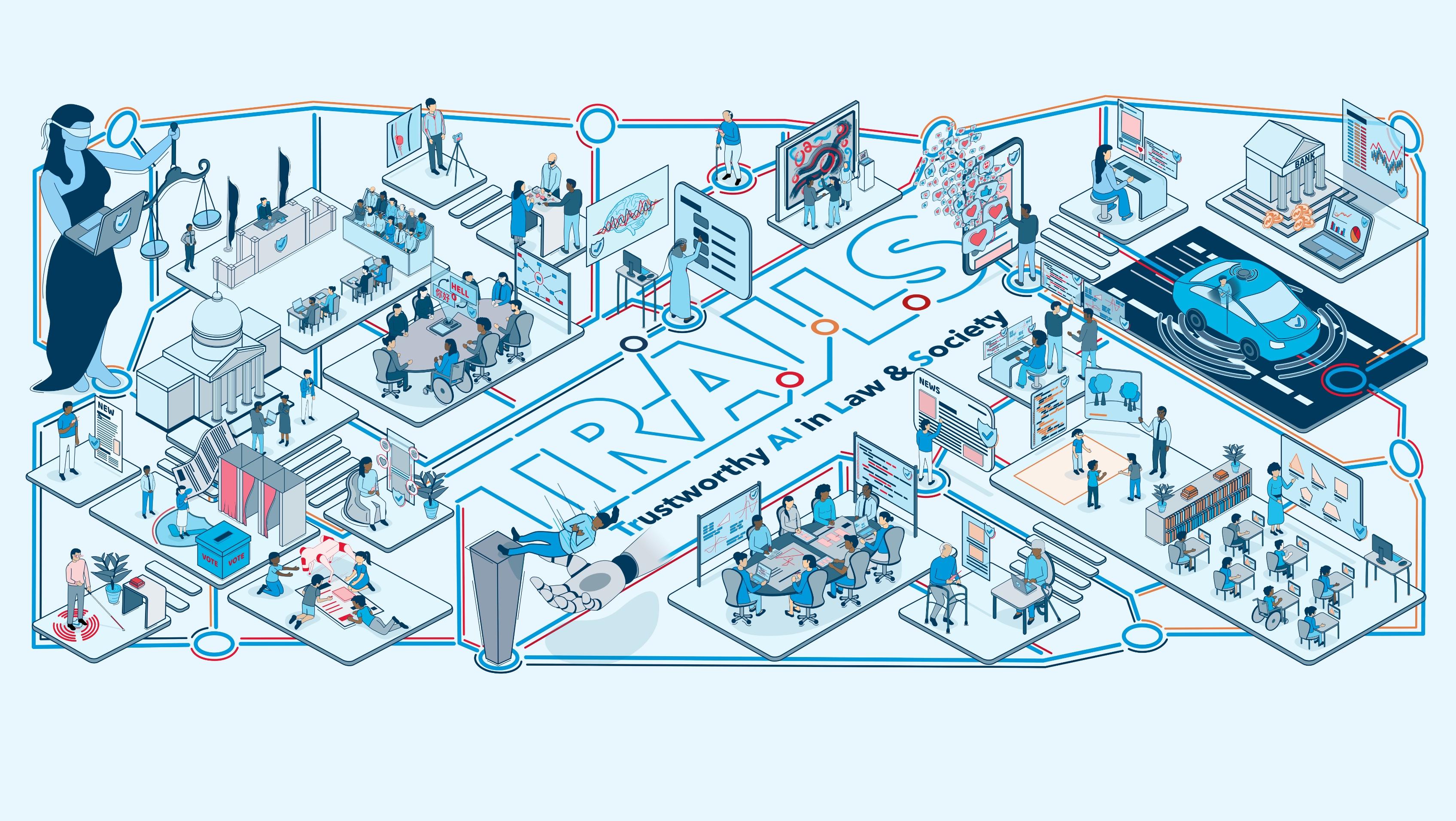 An illustrated overview of the Trustworthy AI in Law & Society (TRAILS) initiative, showing diverse applications of AI in areas like justice, healthcare, education, media, governance, transportation, and civic life.