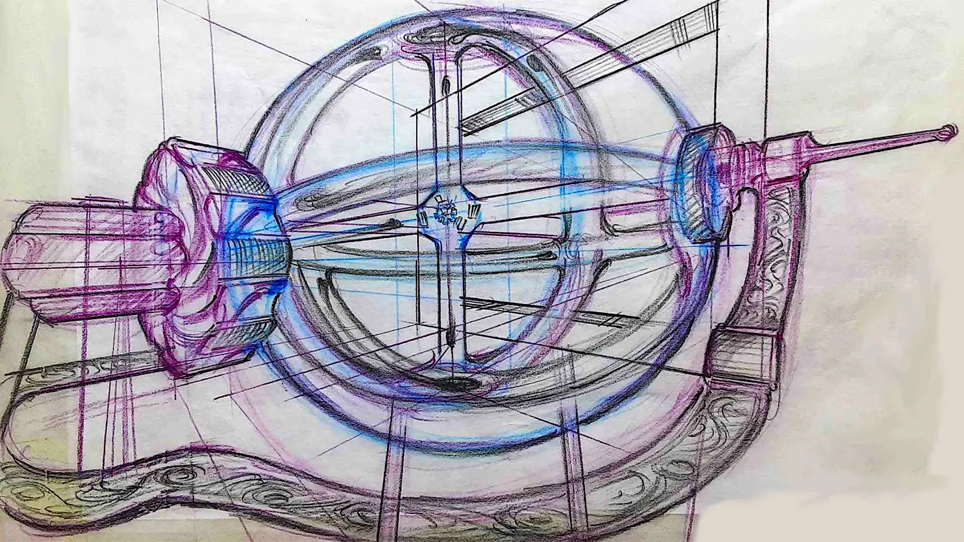 A concept sketch in pencil of a large quantum thermodynamics machine. 