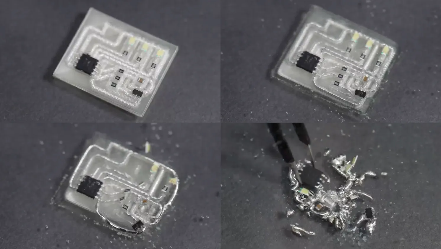 Four images show a small 3D-printed circuit board dissolving in water.