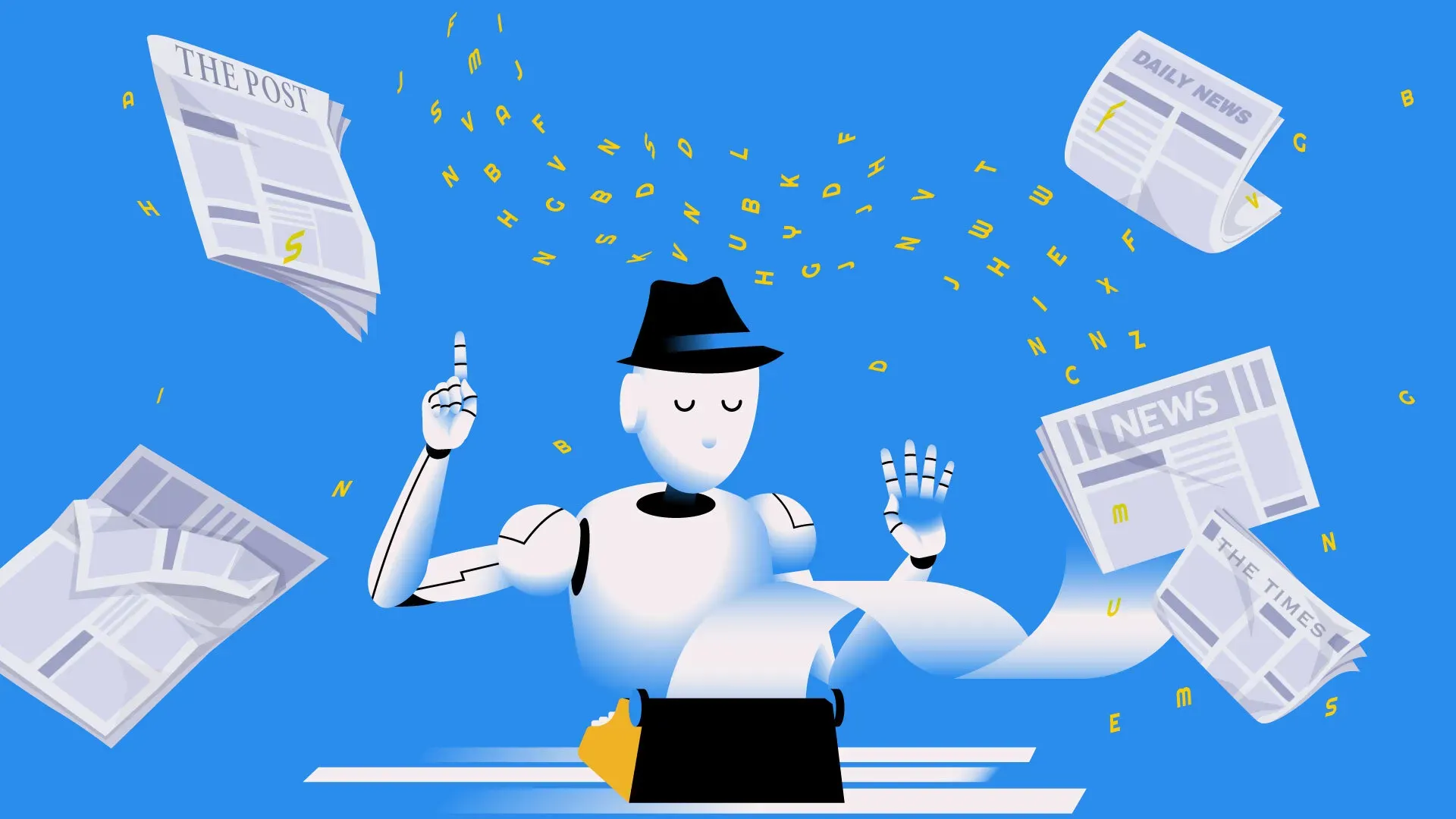 A robot sits at a typewriter with newspapers surrounding it.