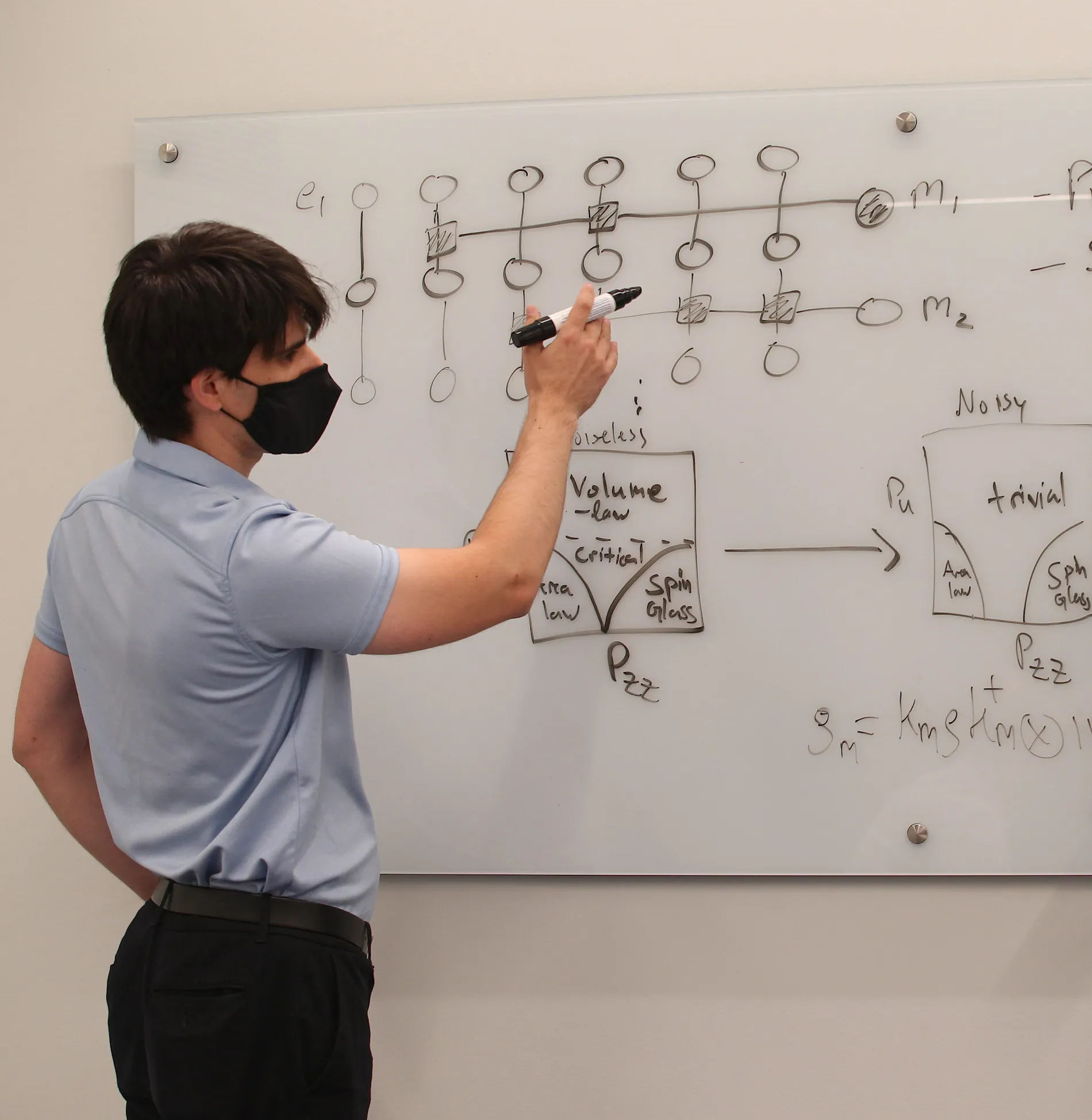 Michael Gullans draws a diagram on a white board.
