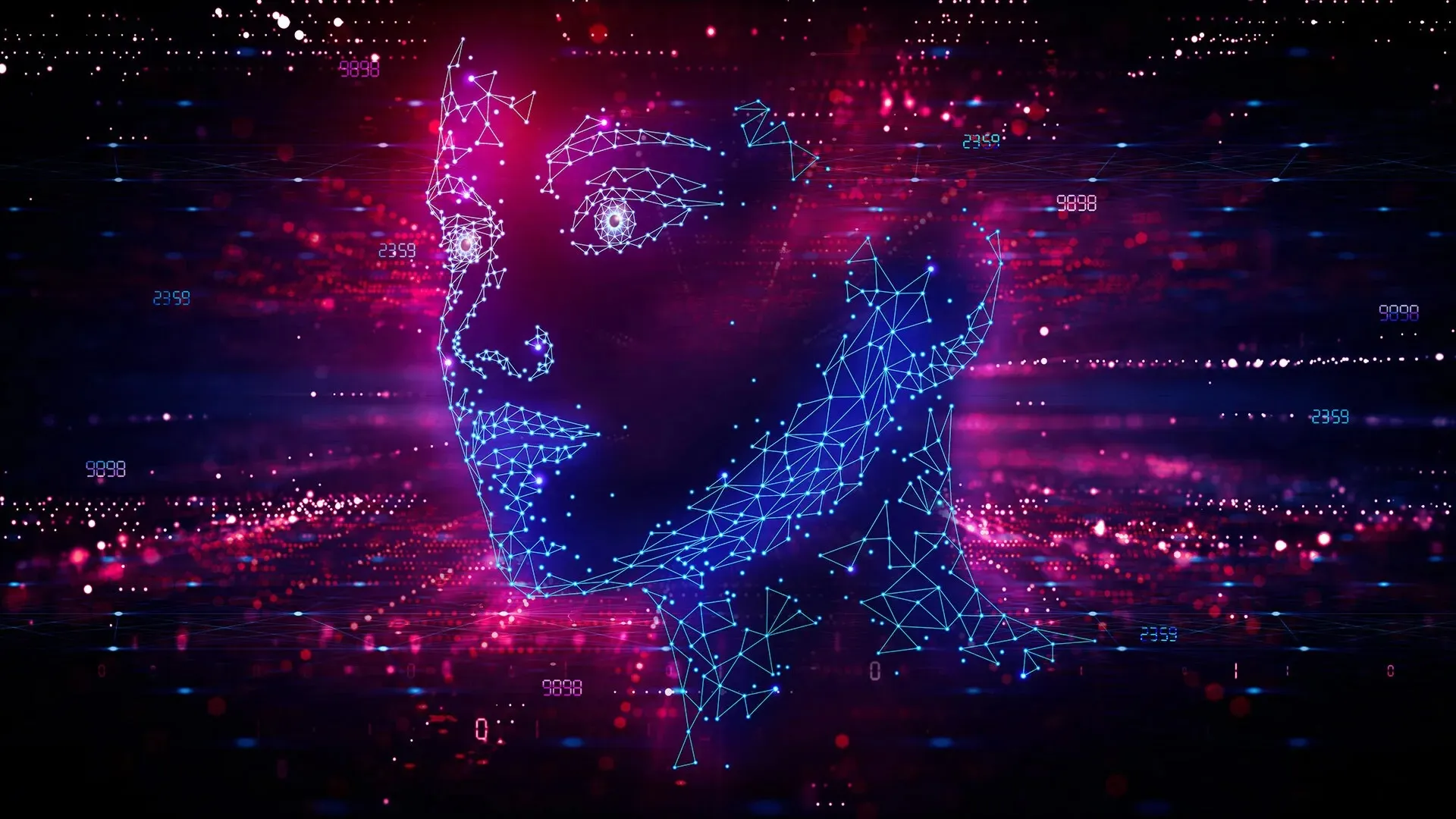 A stylized, digital illustration of a human face formed from glowing blue and pink lines and dots, floating against a dark, futuristic background filled with numbers, light streaks, and particle effects
