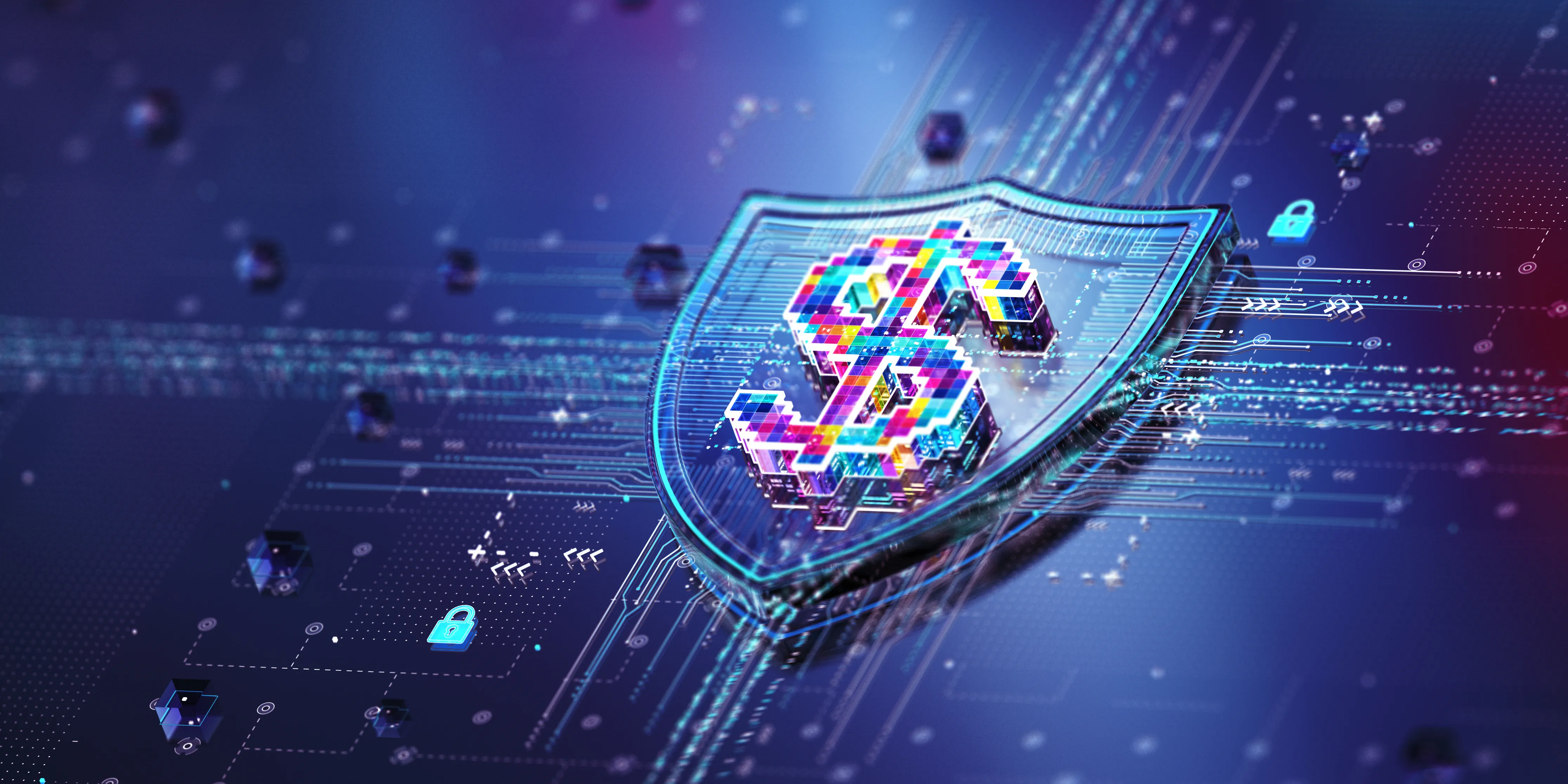 Colorful circuits form a dollar sign on a shield against a blue background