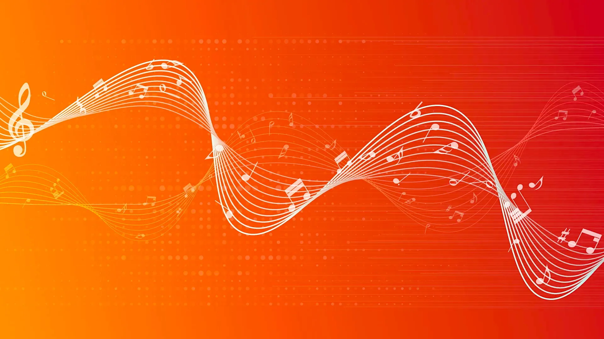 Lines of musical notes twist across an orange gradient background