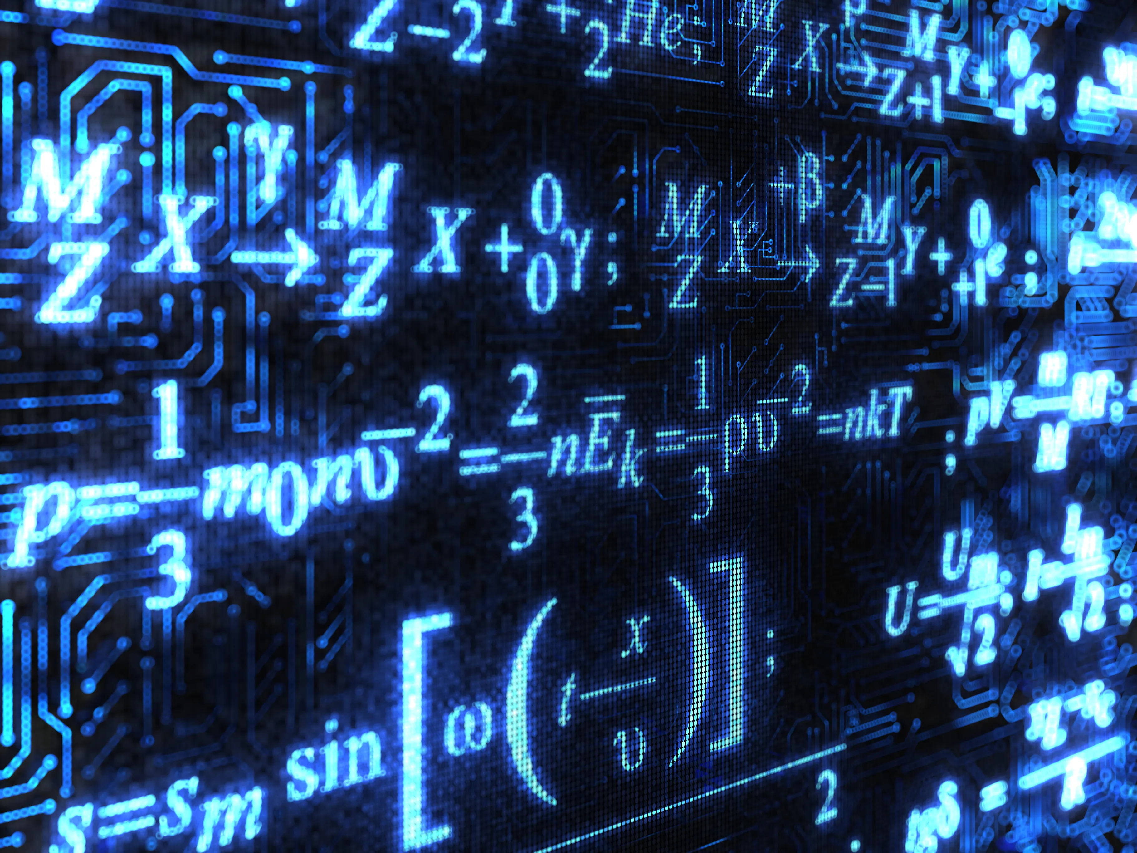 graphic of mathematical equations, glowing on a dark background