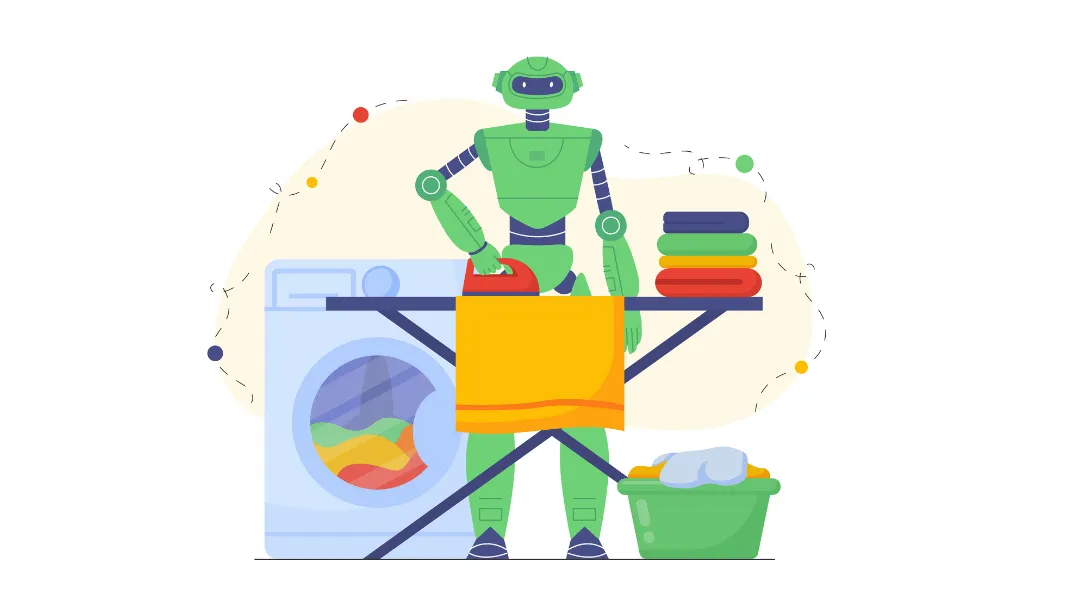 Graphic illustration of a robot ironing clothes and doing laundry