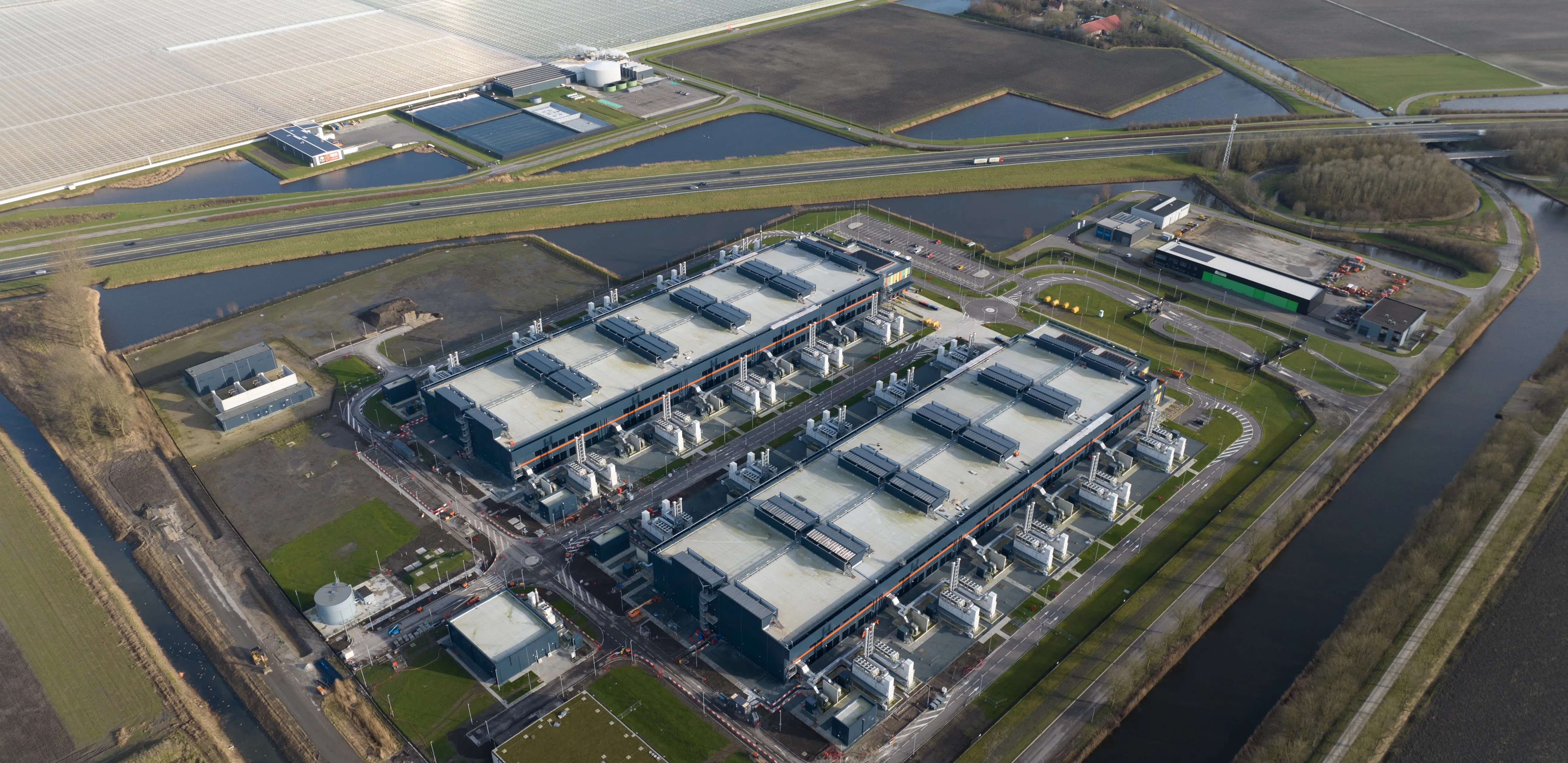 aerial view of data center near water