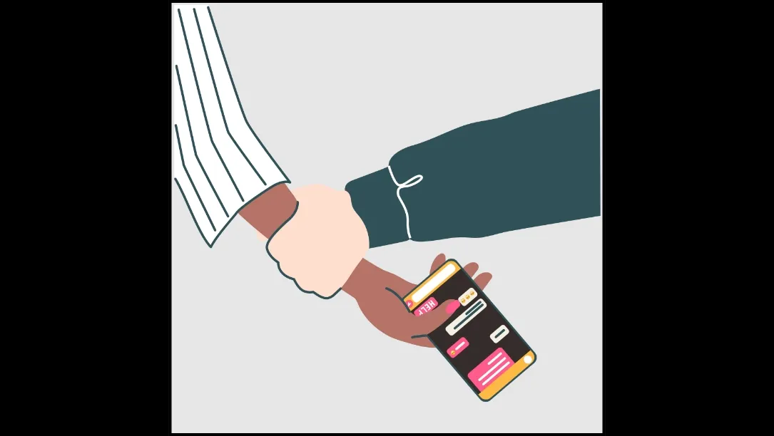 An illustration of one person firmly grasping another person's wrist, while the person being held grips a smartphone displaying a messaging app with a "HELP" message written.